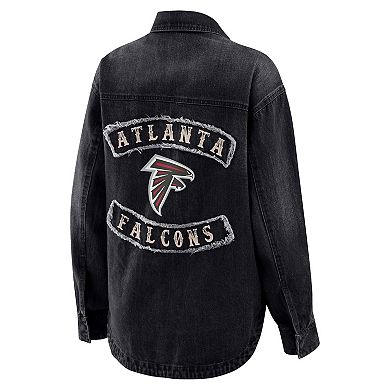 Women's WEAR by Erin Andrews Black Atlanta Falcons Washed Oversized Denim Full-Snap Shacket
