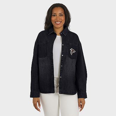 Women's WEAR by Erin Andrews Black Atlanta Falcons Washed Oversized Denim Full-Snap Shacket