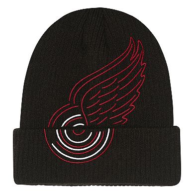 Youth Mitchell & Ness Black Detroit Red Wings Neon Line Lights Cuffed Knit Hat