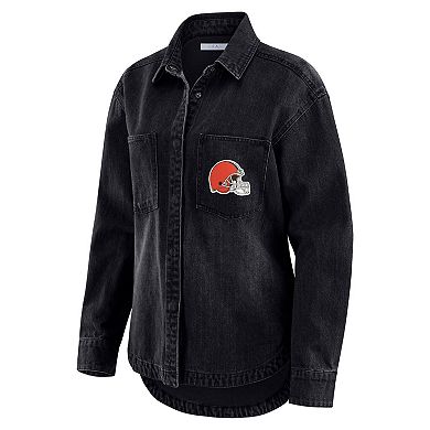 Women's WEAR by Erin Andrews Black Cleveland Browns Washed Oversized Denim Full-Snap Shacket