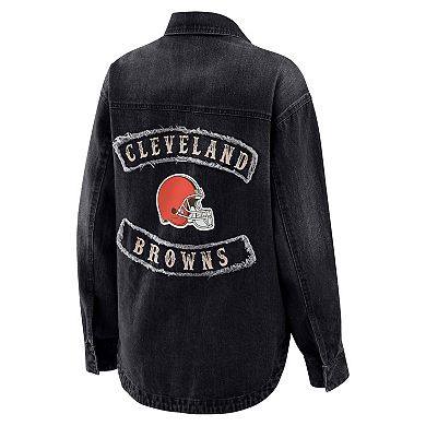 Women's WEAR by Erin Andrews Black Cleveland Browns Washed Oversized Denim Full-Snap Shacket