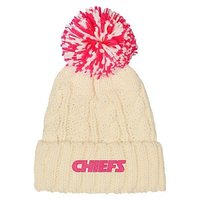 Girls Outerstuff White Kansas City Chiefs Cable Cuffed Knit Hat with Pom