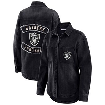 Women's WEAR by Erin Andrews Black Las Vegas Raiders Washed Oversized Denim Full-Snap Shacket