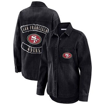 Women's WEAR by Erin Andrews Black San Francisco 49ers Washed Oversized Denim Full-Snap Shacket