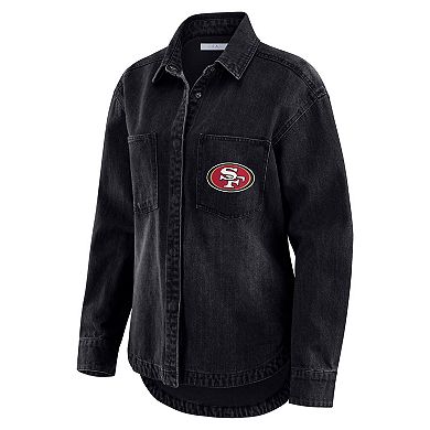 Women's WEAR by Erin Andrews Black San Francisco 49ers Washed Oversized Denim Full-Snap Shacket