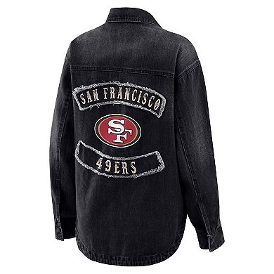 Women's WEAR by Erin Andrews Black San Francisco 49ers Washed Oversized Denim Full-Snap Shacket