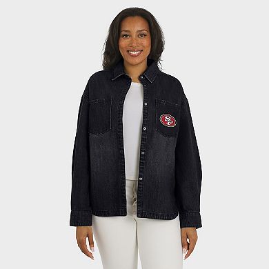 Women's WEAR by Erin Andrews Black San Francisco 49ers Washed Oversized Denim Full-Snap Shacket