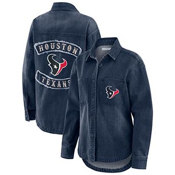 Women's WEAR by Erin Andrews Denim Houston Texans Washed Oversized Denim Full-Snap Shacket