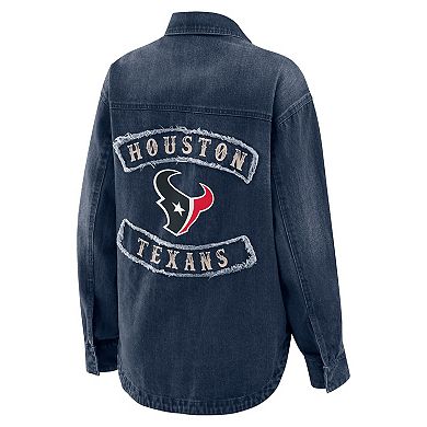 Women's WEAR by Erin Andrews Denim Houston Texans Washed Oversized Denim Full-Snap Shacket