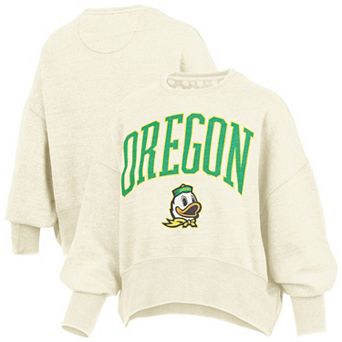 Women's Pressbox Natural Oregon Ducks Oversized Waist-Length Crewneck Sweatshirt
