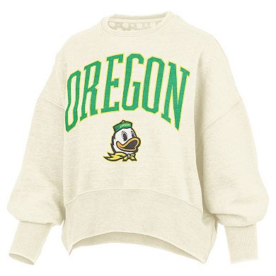 Women's Pressbox Natural Oregon Ducks Oversized Waist-Length Crewneck Sweatshirt