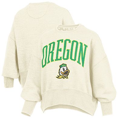 Women's Pressbox Natural Oregon Ducks Oversized Waist-Length Crewneck Sweatshirt