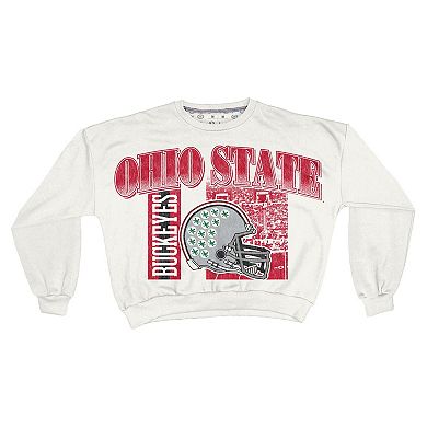 Women's Pressbox White Ohio State Buckeyes Oversized Janice Retro Waist-Length Sweatshirt