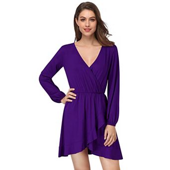 Women's V Neck Wrap Dresses Ruffle A-Line Tunic Party Mini Dress Long Sleeve