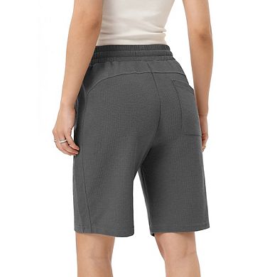Women's Bermuda Shorts with Zipper Pockets Drawstring Jersey Elastic Waist Waffle Casual