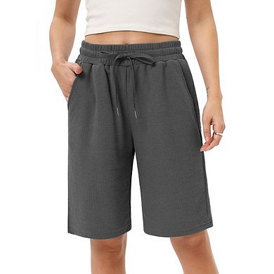Women's Bermuda Shorts with Zipper Pockets Drawstring Jersey Elastic Waist Waffle Casual