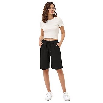 Women's Bermuda Shorts with Zipper Pockets Drawstring Jersey Elastic Waist Waffle Casual