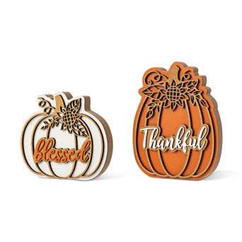 Glitzhome Set of 2 Pumpkin Table Decor, 8"H Thanksgiving Wooden Table Centerpiece