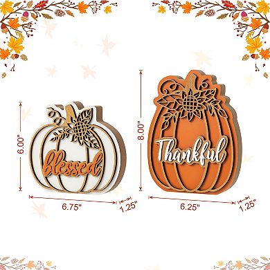 Glitzhome Set of 2 Pumpkin Table Decor, 8"H Thanksgiving Wooden Table Centerpiece