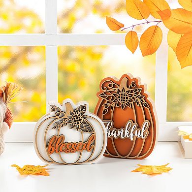 Glitzhome Set of 2 Pumpkin Table Decor, 8"H Thanksgiving Wooden Table Centerpiece