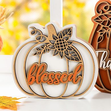 Glitzhome Set of 2 Pumpkin Table Decor, 8"H Thanksgiving Wooden Table Centerpiece