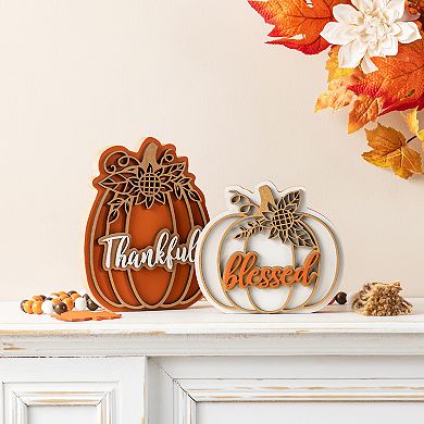 Glitzhome Set of 2 Pumpkin Table Decor, 8"H Thanksgiving Wooden Table Centerpiece