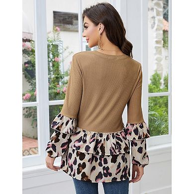 Women's Ruffles Tunic Leopard Print Tops Babydoll Peplum Blouses Long Sleeve