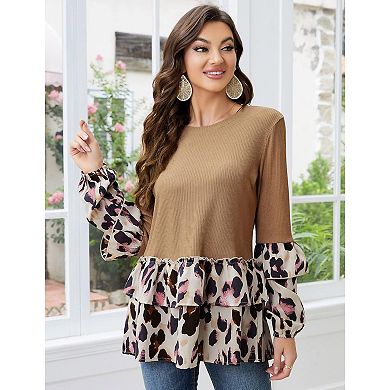 Women's Ruffles Tunic Leopard Print Tops Babydoll Peplum Blouses Long Sleeve