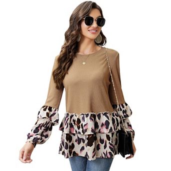Women's Ruffles Tunic Leopard Print Tops Babydoll Peplum Blouses Long Sleeve