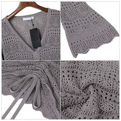 Crochet Top Womens Boho Sheer Crop Tops Drawstring Knitted Cover Up Blouse Bell Beachwear Sleeve
