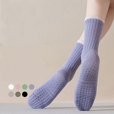 Womens Non-Slip Grip Crew Socks Pack Custom Color Combos Soft Ribbed Cotton with 3D Silicone Heel