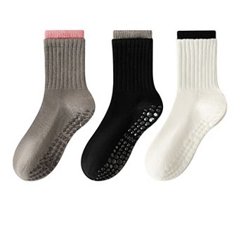 Womens Non-Slip Grip Crew Socks Pack Custom Color Combos Soft Ribbed Cotton with 3D Silicone Heel