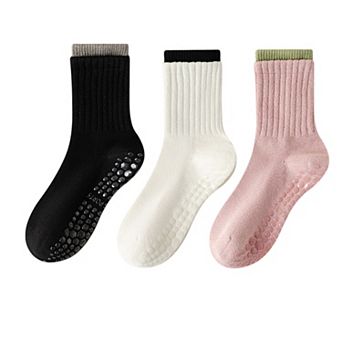 Womens Non-Slip Grip Crew Socks Pack Custom Color Combos Soft Ribbed Cotton with 3D Silicone Heel