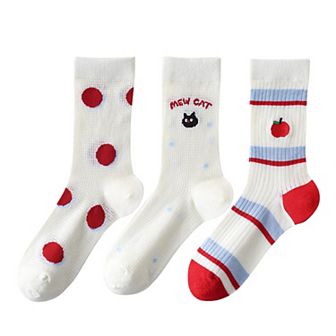 Womens Cute Cartoon Embroidered Crew Socks 3-Pair Pack Fun Patterned Cotton Knit Soft