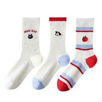 Womens Cute Cartoon Embroidered Crew Socks 3-Pair Pack Fun Patterned Cotton Knit Soft