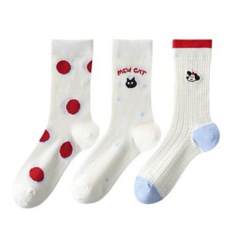 Womens Cute Cartoon Embroidered Crew Socks 3-Pair Pack Fun Patterned Cotton Knit Soft