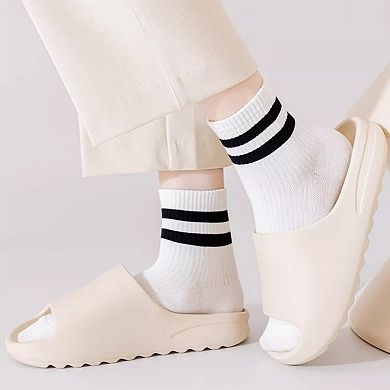 Womens Athletic Crew Socks 4-Pack Ribbed Knit Design Contrast Double Stripe Stretch Comfort