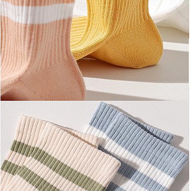 Womens Athletic Crew Socks 4-Pack Ribbed Knit Design Contrast Double Stripe Stretch Comfort