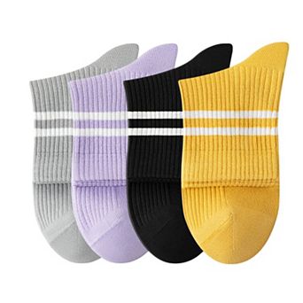 Womens Athletic Crew Socks 4-Pack Ribbed Knit Design Contrast Double Stripe Stretch Comfort
