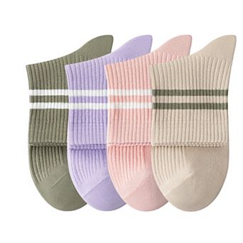 Womens Athletic Crew Socks 4-Pack Ribbed Knit Design Contrast Double Stripe Stretch Comfort