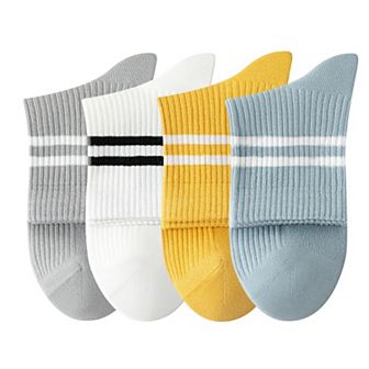 Womens Athletic Crew Socks 4-Pack Ribbed Knit Design Contrast Double Stripe Stretch Comfort