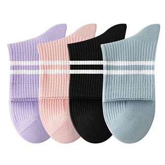 Womens Athletic Crew Socks 4-Pack Ribbed Knit Design Contrast Double Stripe Stretch Comfort