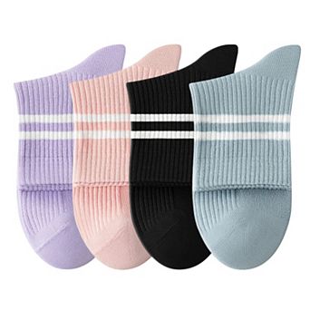Womens Athletic Crew Socks 4-Pack Ribbed Knit Design Contrast Double Stripe Stretch Comfort