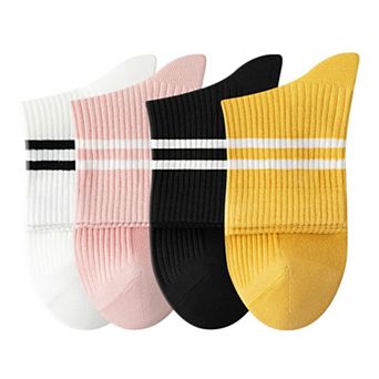 Womens Athletic Crew Socks 4-Pack Ribbed Knit Design Contrast Double Stripe Stretch Comfort