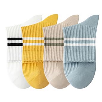 Womens Athletic Crew Socks 4-Pack Ribbed Knit Design Contrast Double Stripe Stretch Comfort