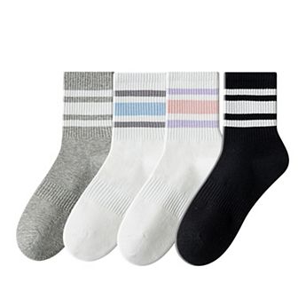 Crew Socks 4-Pack White Base Colorful Ribbed Cuff Striped Design Stretch Comfort Breathable Fit