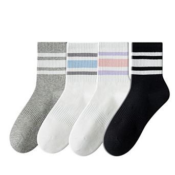 Crew Socks 4-Pack White Base Colorful Ribbed Cuff Striped Design Stretch Comfort Breathable Fit