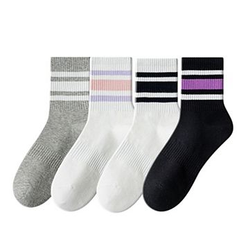 Crew Socks 4-Pack White Base Colorful Ribbed Cuff Striped Design Stretch Comfort Breathable Fit