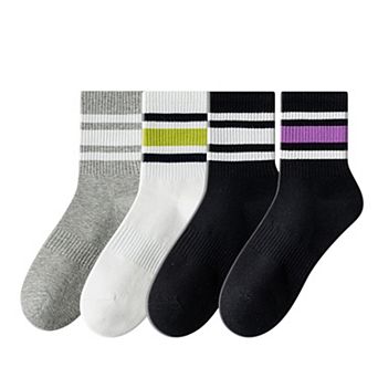 Crew Socks 4-Pack White Base Colorful Ribbed Cuff Striped Design Stretch Comfort Breathable Fit
