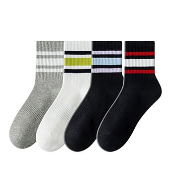 Crew Socks 4-Pack White Base Colorful Ribbed Cuff Striped Design Stretch Comfort Breathable Fit